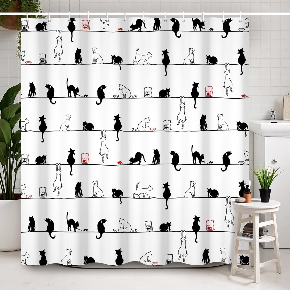 Thijox - Douchegordijn 180 x 200 cm Zwart Wit Kat Kitten Waterdicht Minimalistisch Dieren Badkamer Gordijnen Decoratie met Haken