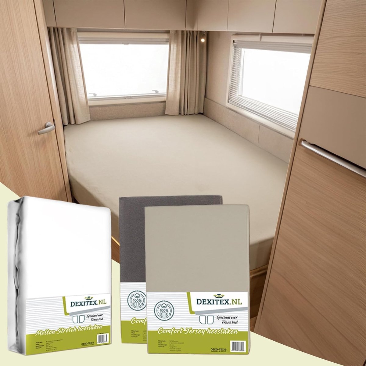 Thijox - Spannbettlaken Set voor Wohnmobil 3er Set - 2 Spannbettlakens (Sand + Antrazit) + 1 Molton Matratzenschoner (130-160cm x 200cm) - Perfect voo