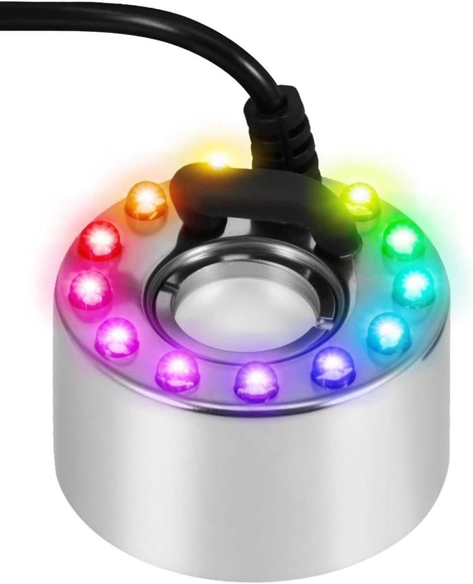 Thijox - Ultrasone mistmachine met 12 kleurrijke LED-lampen, 24V waterfontein, mistmaker voor vijver en rotstuin, ideaal voor tuin en buitengebruik
