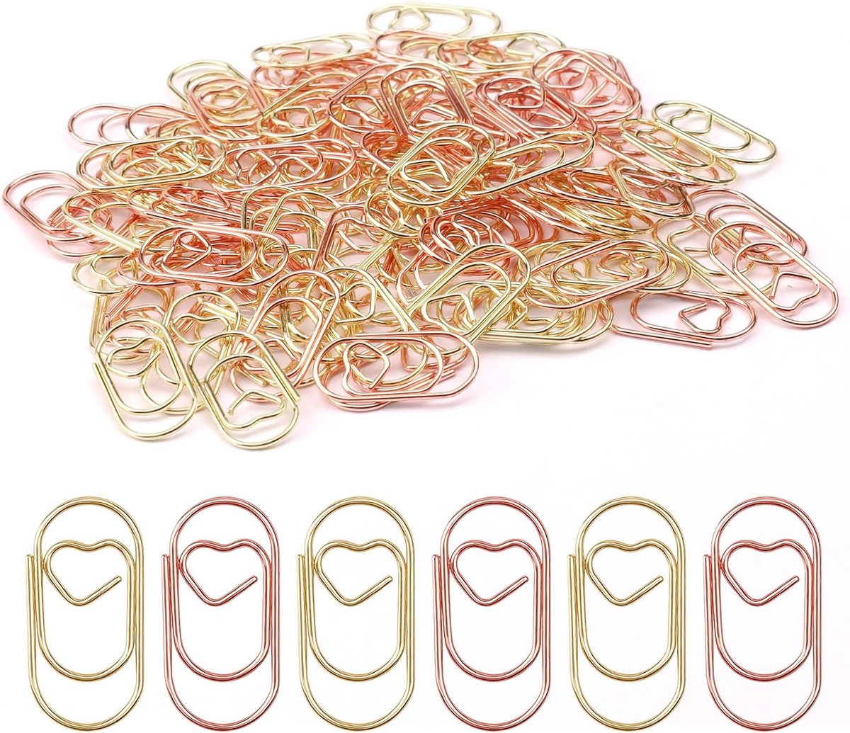 SnelShoppen - 100 stuks hart paperclips, kleine paperclips set in goud en roségoud, metalen paperclips voor kantoor, school, klaslokaal, ansichtkaarte