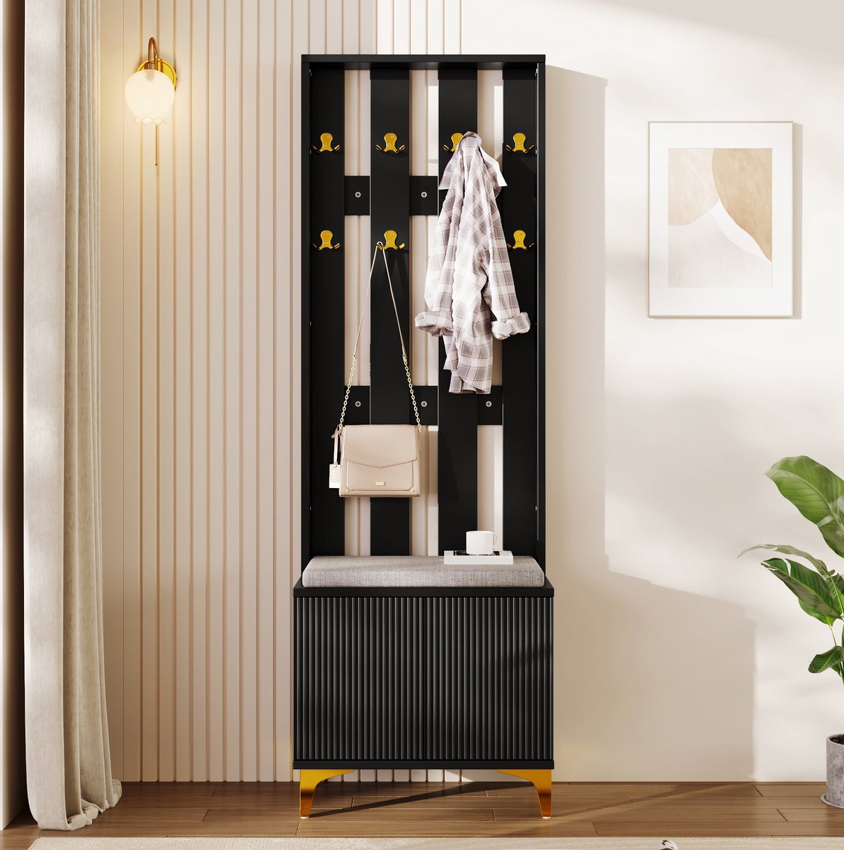 COVREO Halmeubel 60,5 x 35,2 x 180,5 cm - met schoenenbank, kussen, haken en kast, zwart goud