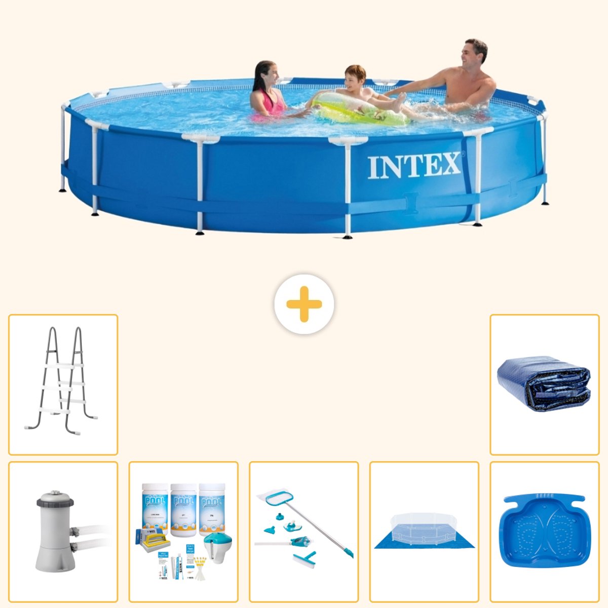 Intex Rond Frame Zwembad - 366 x 76 cm - Blauw - Inclusief Pomp - Onderhoudspakket - Schoonmaakset - Grondzeil - Voetenbad - Ladder - Solarzeil - 8-delig