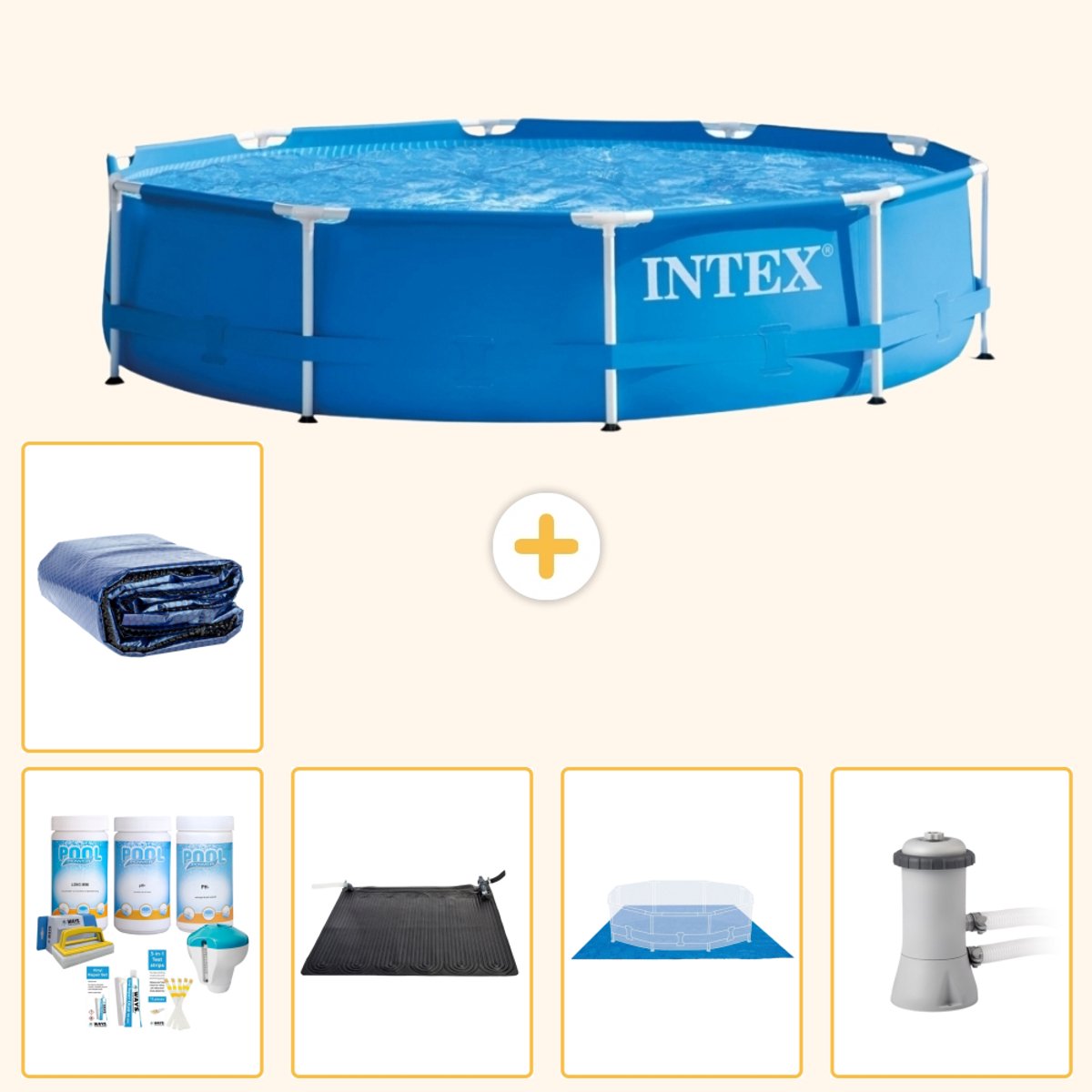 Intex Rond Frame Zwembad - 366 x 76 cm - Blauw - Inclusief Onderhoudspakket - Solar Mat - Grondzeil - Zwembadfilterpomp - Solarzeil - 6-delig