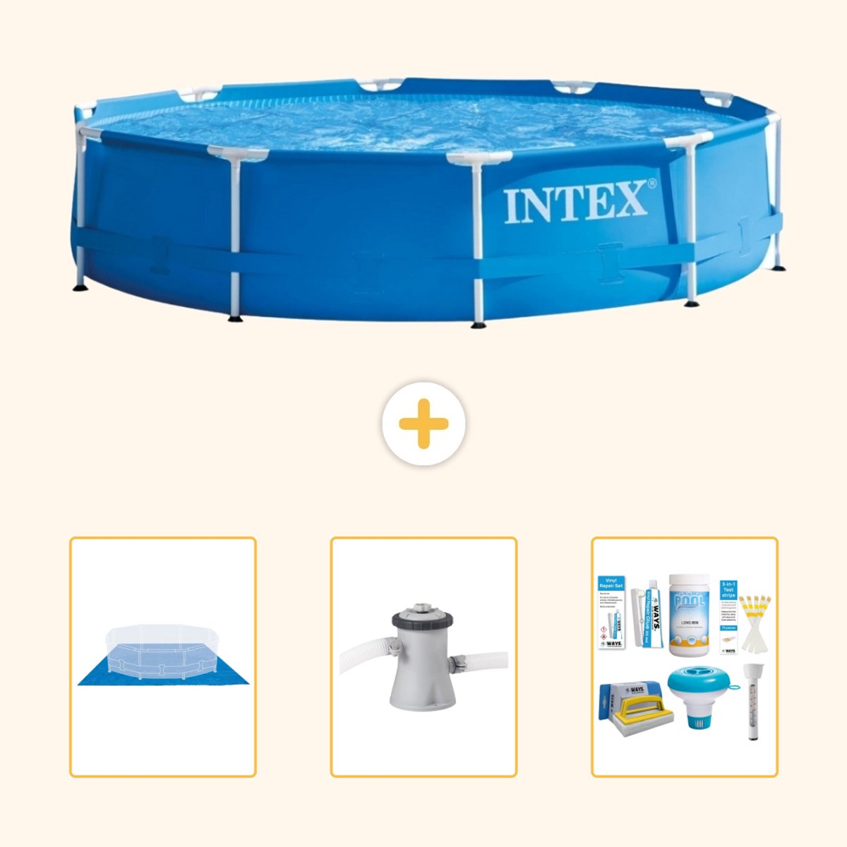Intex Rond Frame Zwembad - 305 x 76 cm - Blauw - Inclusief Grondzeil - Zwembadfilterpomp - Onderhoudspakket - 4-delig
