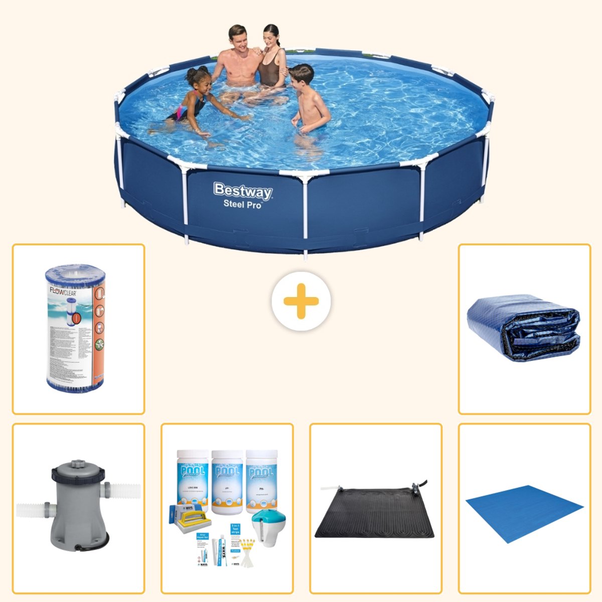 Bestway Rond Steel Pro Zwembad - 366 x 76 cm - Blauw - Inclusief Pomp - Onderhoudspakket - Solar Mat - Grondzeil - Filter - Solarzeil - 7-delig