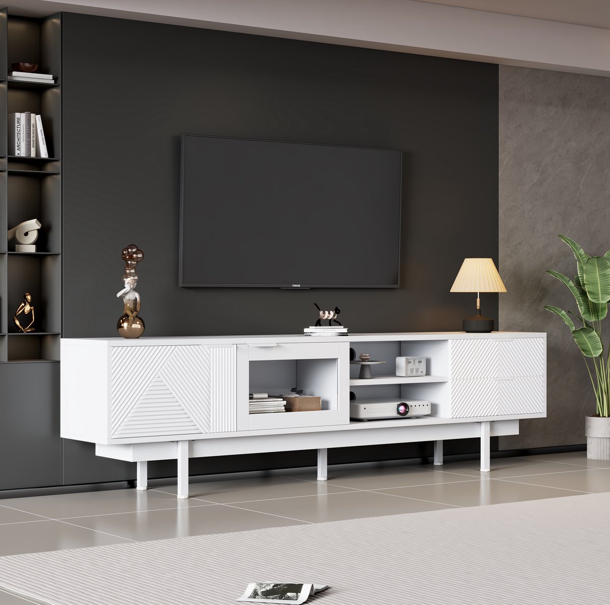 COVREO tv meubel 200x40x50,5 cm - 2 deuren, 2 lades, halfopen vakken, wit White
