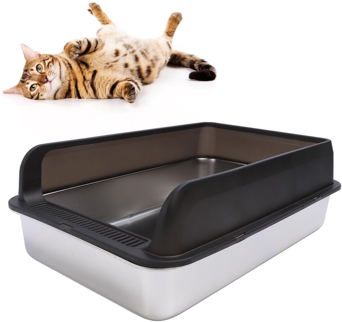 Dailygoods - Roestvrijstalen Kattenbak met Anti-Spatten Bak en Schep - Zwart