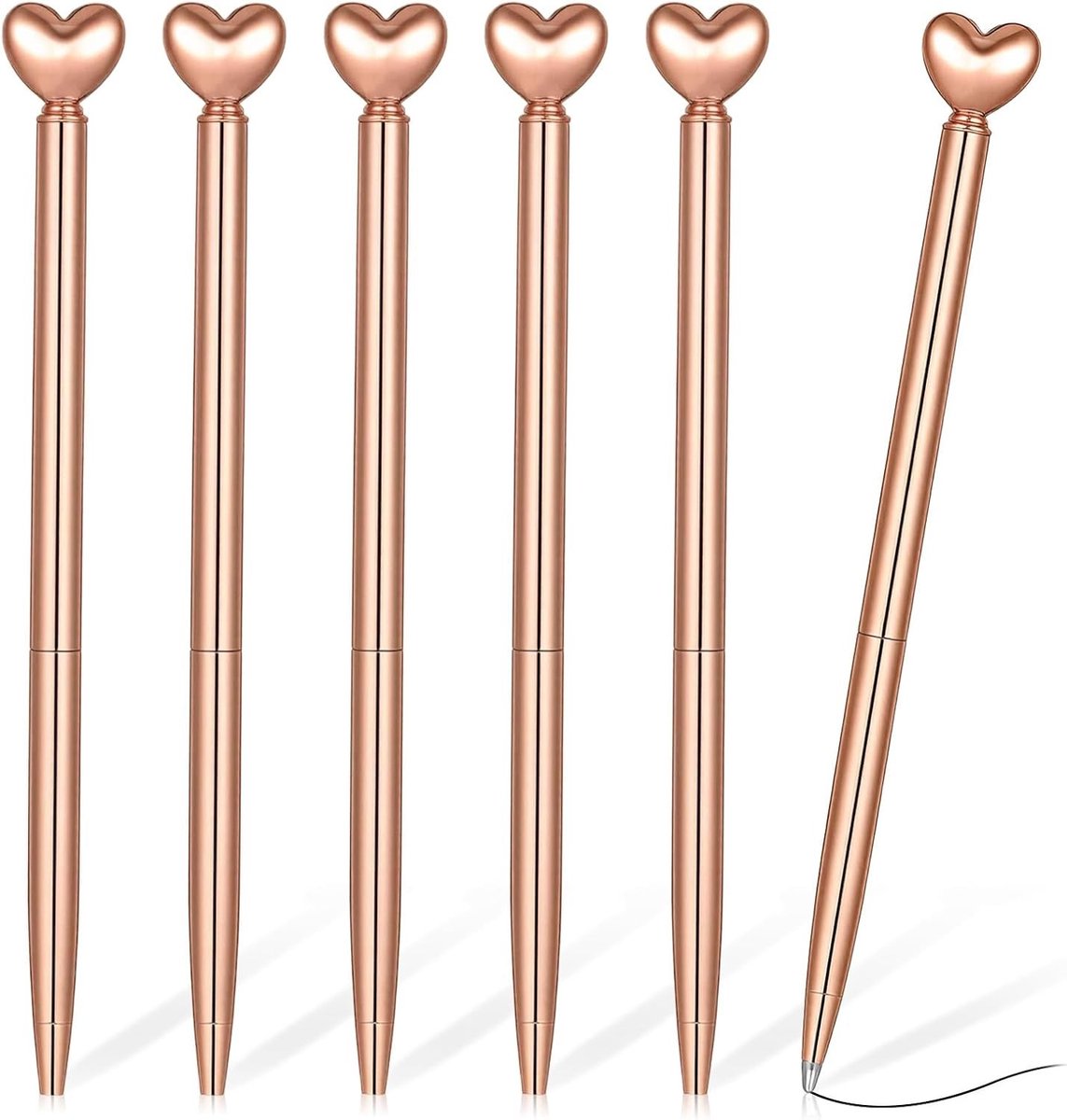Hartvormige slanke balpennen in roségoud - 6 stuks intrekbare metalen stiften met zwarte inkt, schattige pennen voor school, kantoor en als cadeau voor vrouwen