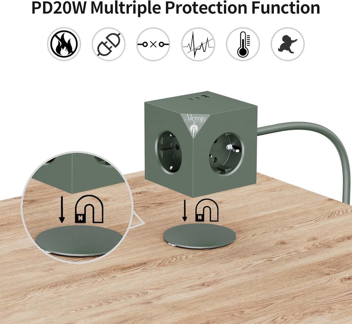 Thijox - PD20W Power Cube 6-in-1 Stekkerdoos met 3 USB, Magnetische Voet, Schakelaar, 3680W/16A, 1,5m Verlengkabel, Geschikt voor Thuis en Kantoor