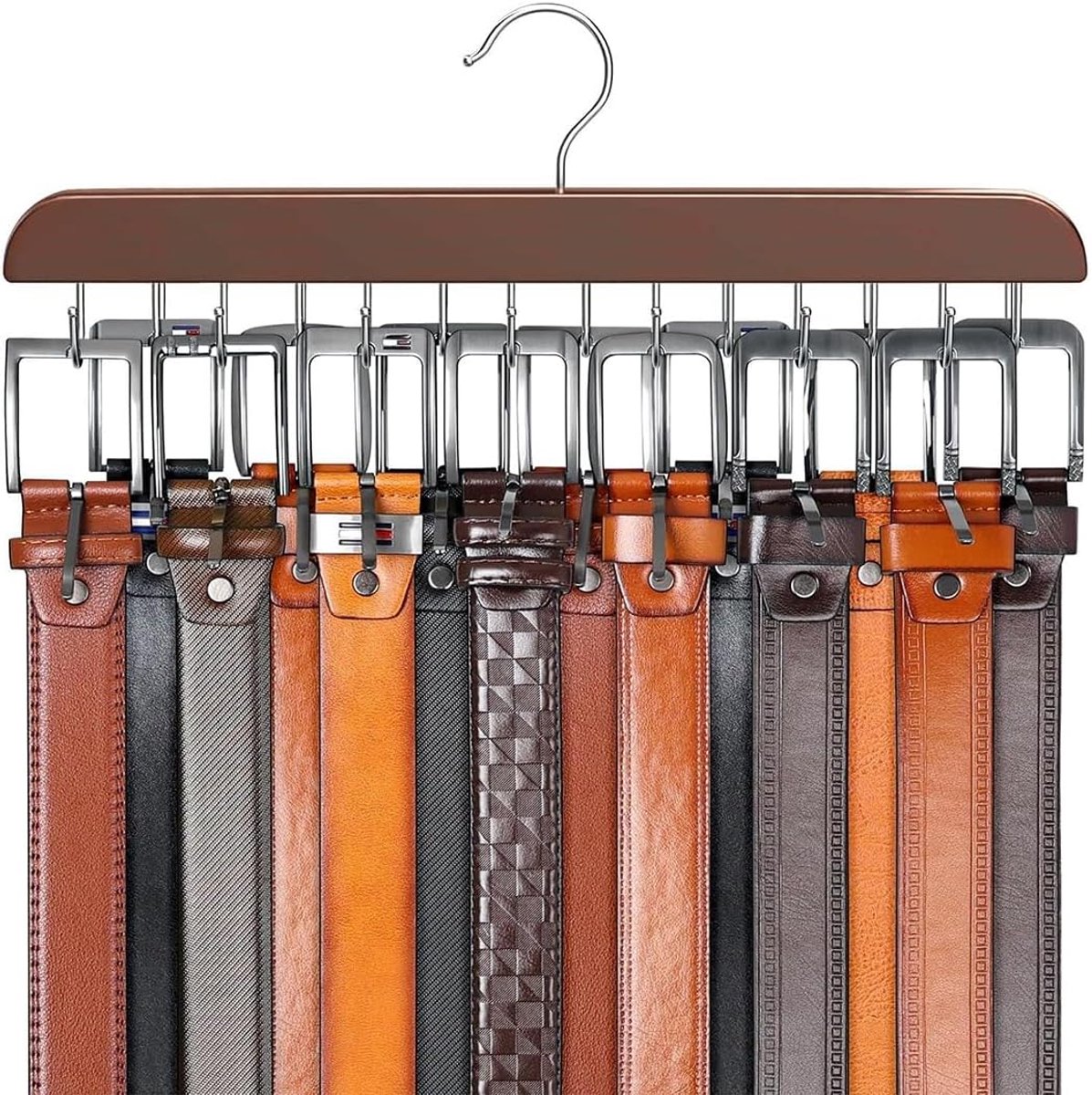 SnelShoppen - Belt Hanger voor Kasten, Organizer voor 42 Straps, 14 Haakjes, Stevig Hout, Bruin, Ideaal voor Sjaals, Stropdassen, en Accessoires