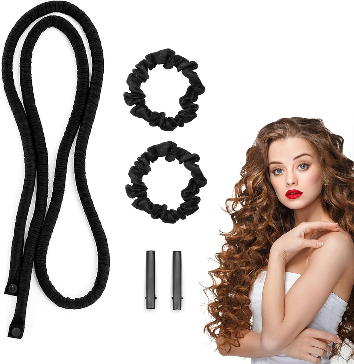 SnelShoppen - Heatless Curling Iron Headband - Zachte Krulband zonder Hitte voor Schouderlang en Lang Haar - Compleet Set met Scrunchies, Clips en Tas