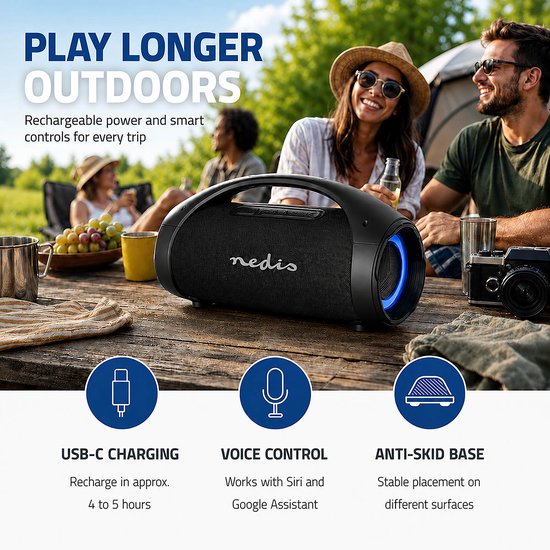 Nedis Bluetooth Party Boombox - 540 min - 2.2 - 150 W - Bronnen audio / video / data: Bluetooth / Line / USB - IPX5 - Koppelbaar - Handvat - Feestverlichting - Zwart — afbeelding 3