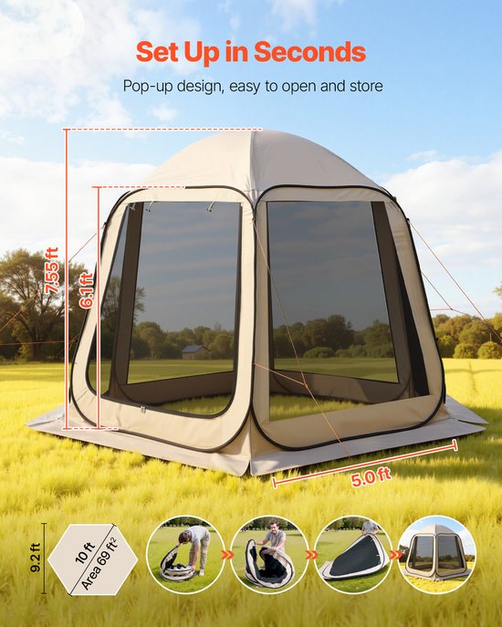 Pop-Up Tent 304,8 X 280,4 cm, Kampeertent voor 4-8 Personen, Partytent met Draagtas, Gaaswanden en Haringen, Geschikt voor Tuin, Terras en Buitenactiviteiten, Beige — afbeelding 3