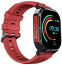 Rode smartwatch met zwarte kast en gekleurde ringen op het scherm, 09:30.