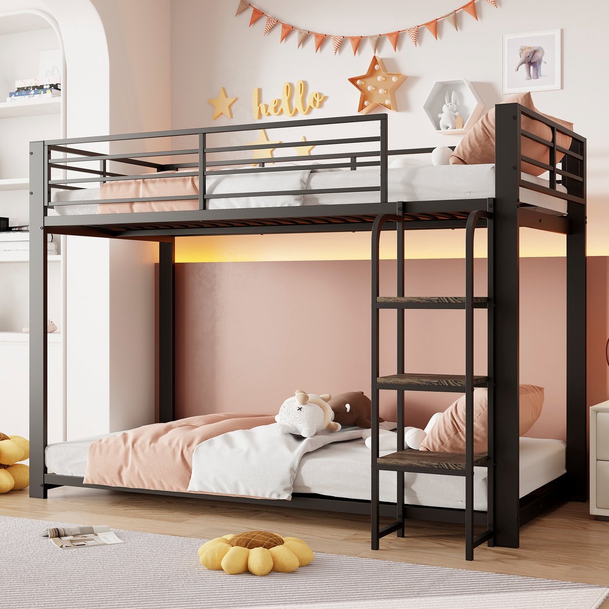 PHOEBE CAT Stapelbed - 90 × 200 cm - Metalen frame - Houten trapvormige opbergrek - Kinderbed - Zwart