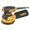 Gele en zwarte DeWalt excentrische schuurmachine met stofzak.