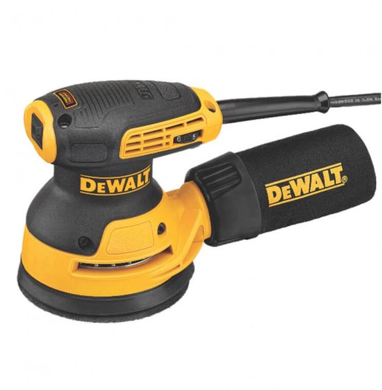 Gele en zwarte DeWalt excentrische schuurmachine met stofzak.