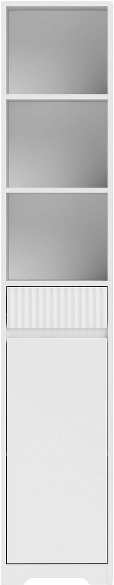 Opbergkast Badkamerkast Bijzetkast Buffetkast 172x33x30cm Wit Met Verstelbare Plank, 1 Deur, 1 Lade en 3 Open Planken Geribbelde Paneel Design Moderne Strakke Stijl Slank Profiel Ruimtebesparend Geschikt voor Badkamer en Keuken