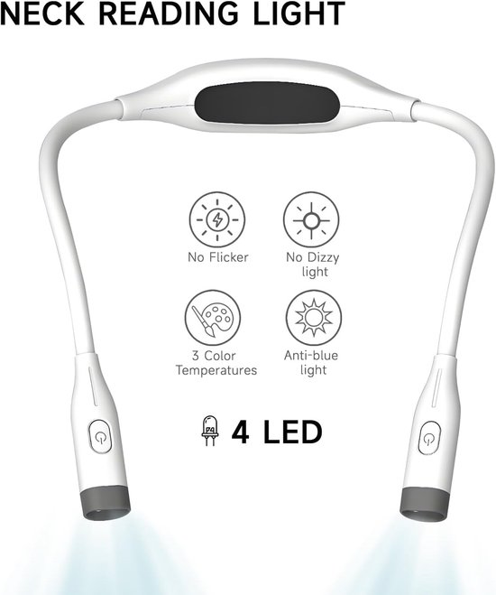 Oplaadbare leeslamp voor om de nek, LED-leeslamp, 3 kleurstanden en instelbare helderheid, flexibele handsfree lamp, perfect voor breien en knutselen, wit. — afbeelding 3