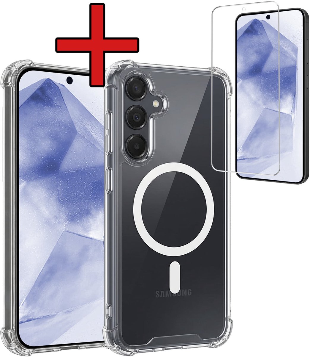 Hoesje - Met Screenprotector - Geschikt voor Samsung Galaxy A55 - Magsafe Compatible - Sterk & Shockproof - Shock Proof Case - Back Cover - Telefoon Hoes - Telefoonhoes - Transparant