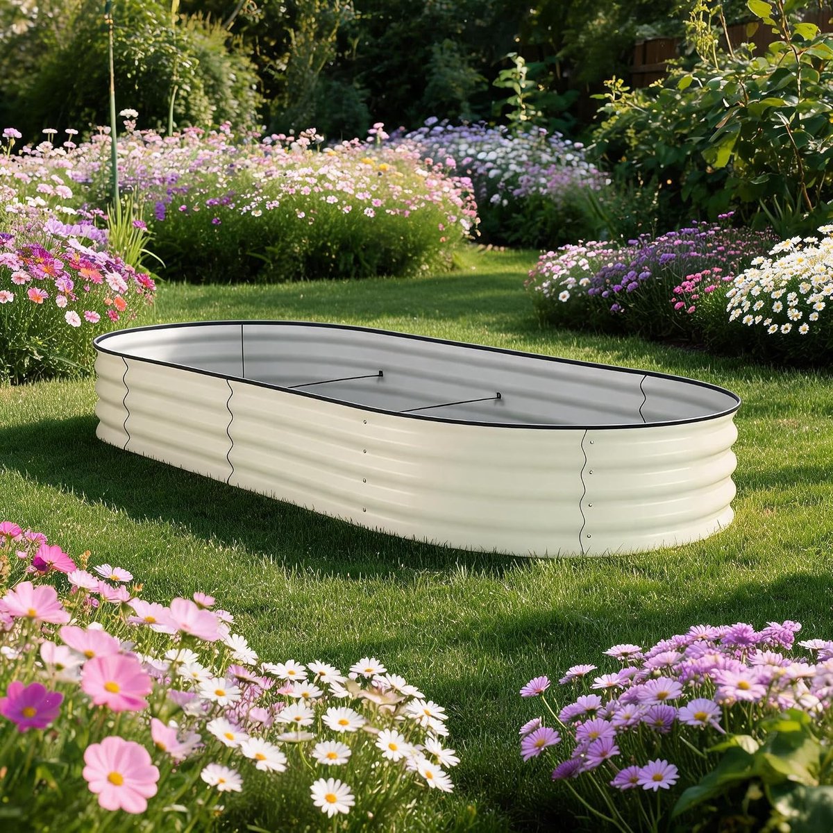 XXL Ovale Verhoogde Moestuinbak van Gegalvaniseerd Staal - 300x120x45 cm - Grote Metalen Plantenbak voor Buiten met Open Bodem - Met Rubberen Veiligheidsrand - Weerbestendig & Roestvrij - beige