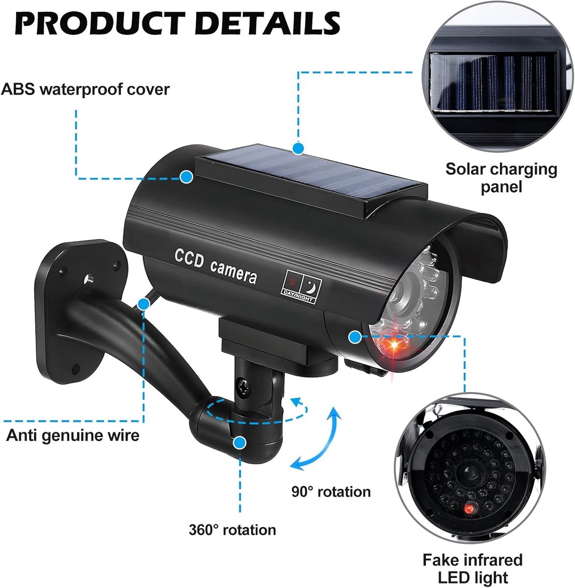 SnelShoppen - Pack van 2 Nep Camera's - Buiten Dummy Surveillance Camera's - 135 x 60 mm - Solar - Waterdicht - Zwart - Tuin - Kantoor - Veiligheid