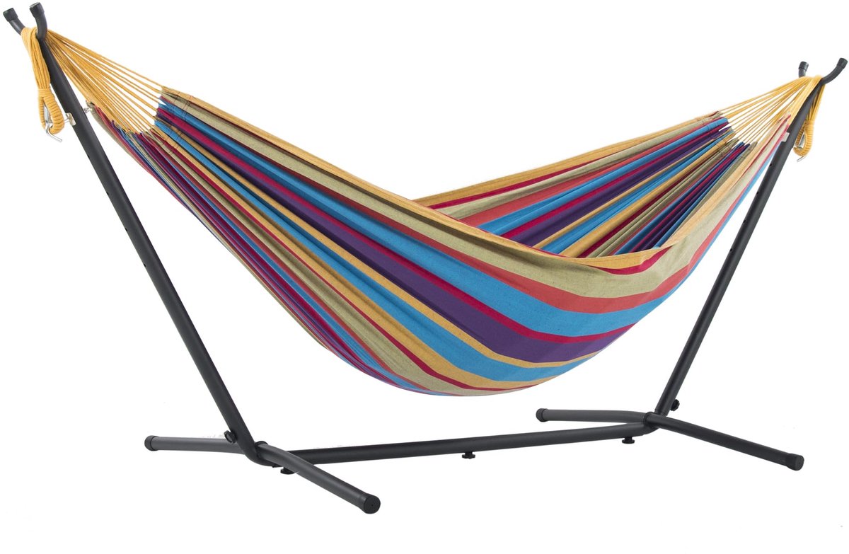 SnelShoppen - Katoenen hangmat met standaard - 250 cm - Tropical - Duurzaam en robuust - Perfect voor tuin, camping en ontspanning