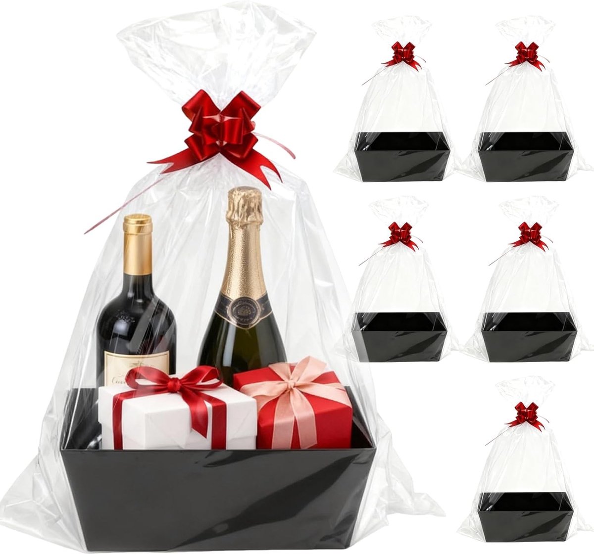 Set van 5 Lege Cadeaubaskets met Handvatten, Kartonnen Cadeaubasket met Treksluiting en Transparante Cadeauverpakking voor Kerst en Verjaardagen