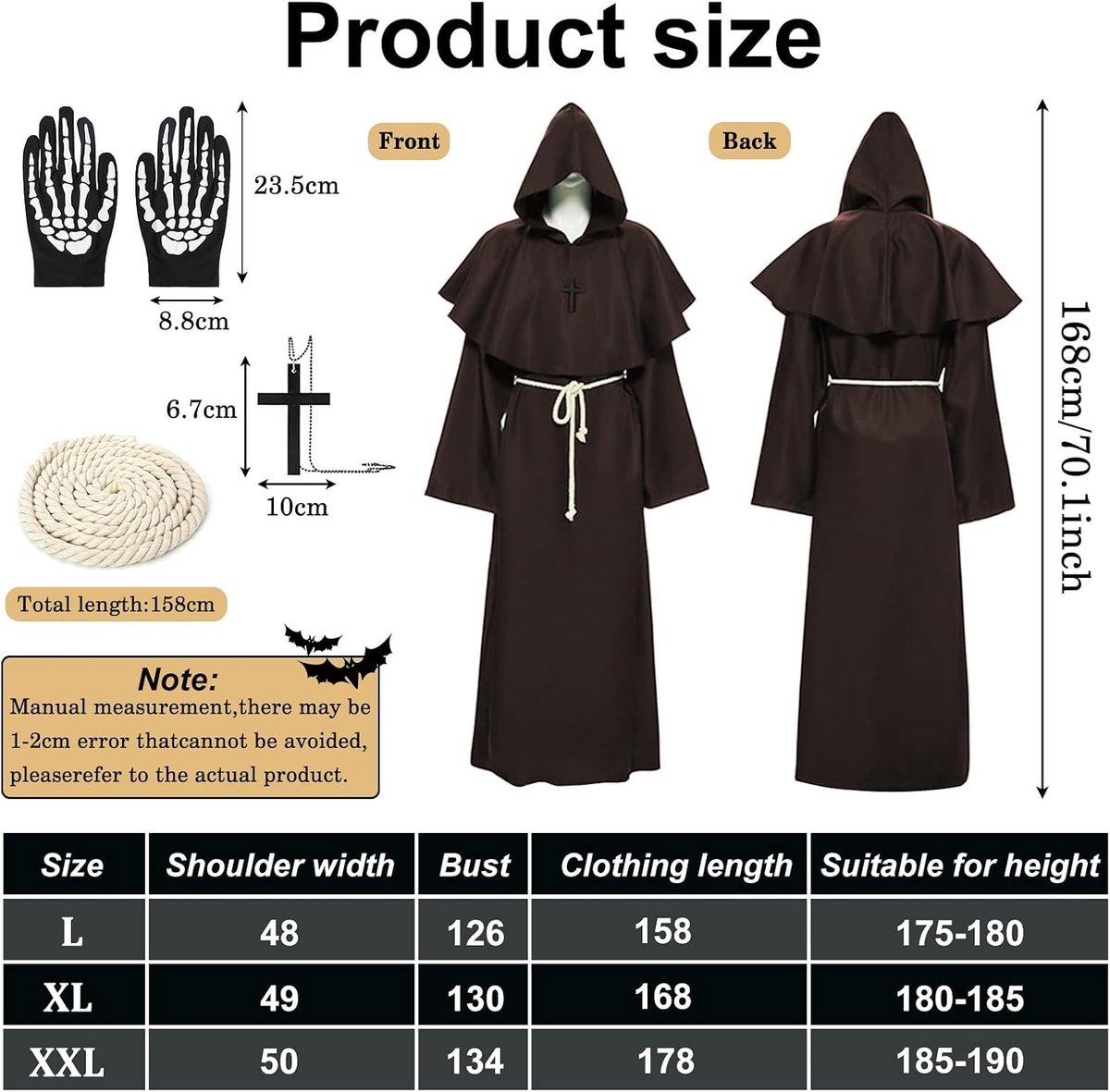Heren Monnik Kostuum voor Halloween - Middeleeuwse Priester Robe met Kap en Kruis voor Feest en Carnaval