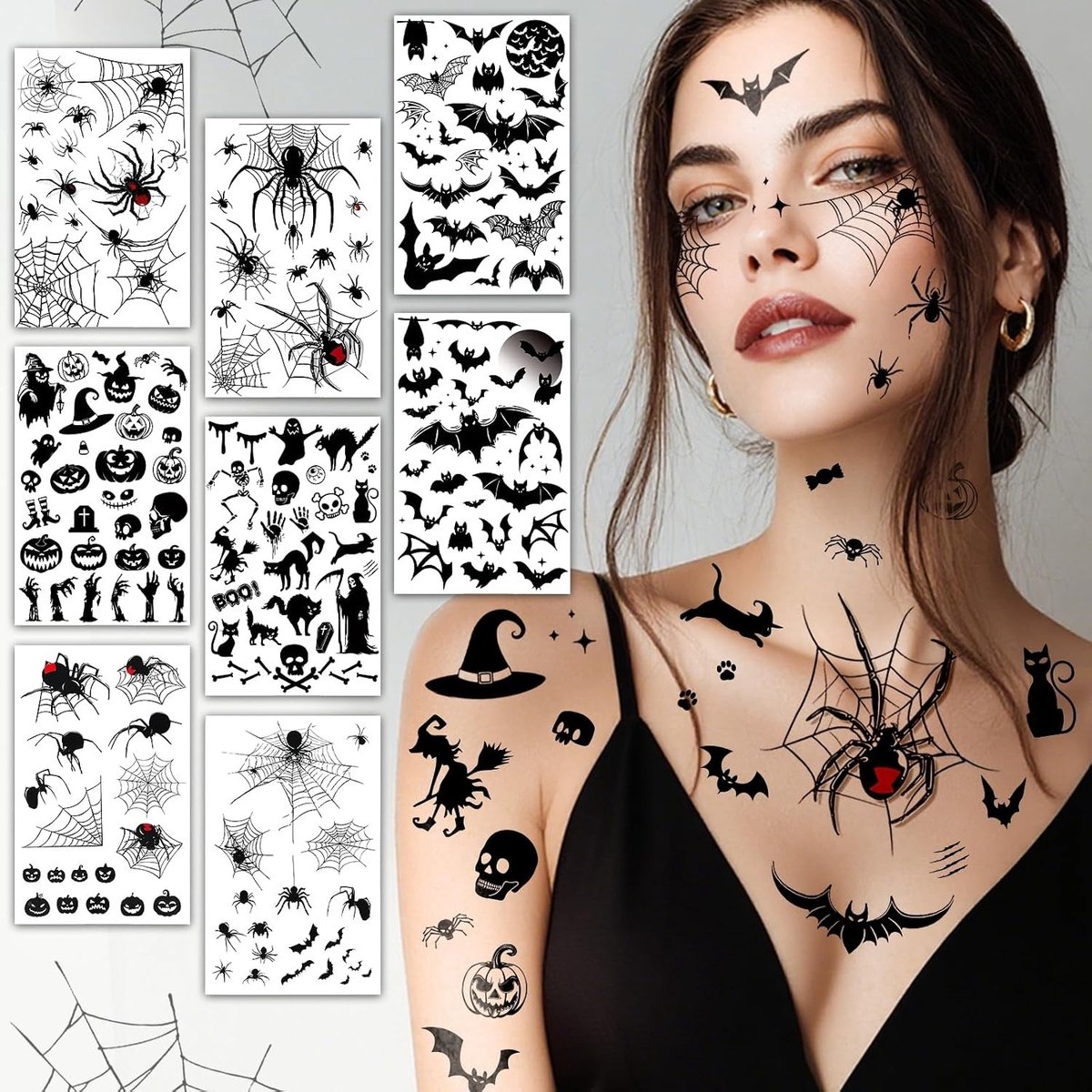 Realistische Halloween Gezichtstatoeages - 6 Bladen met Spinnen en Vleermuizen voor Kinderen en Volwassenen - Creepy Accessoires voor Halloween Kostuums