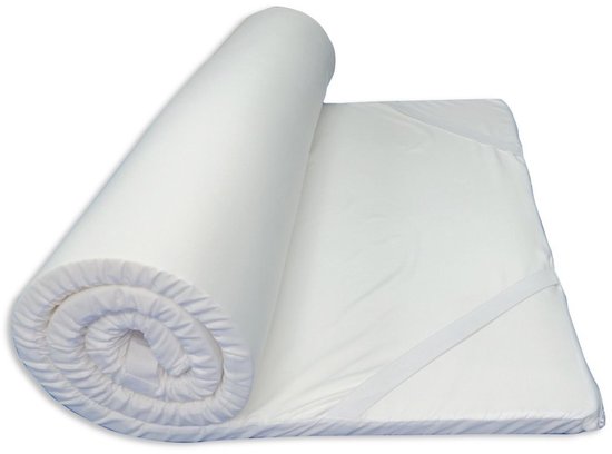 Surmatelas en mousse à mémoire de forme blanc, partiellement roulé. Avec sangles élastiques aux coins.