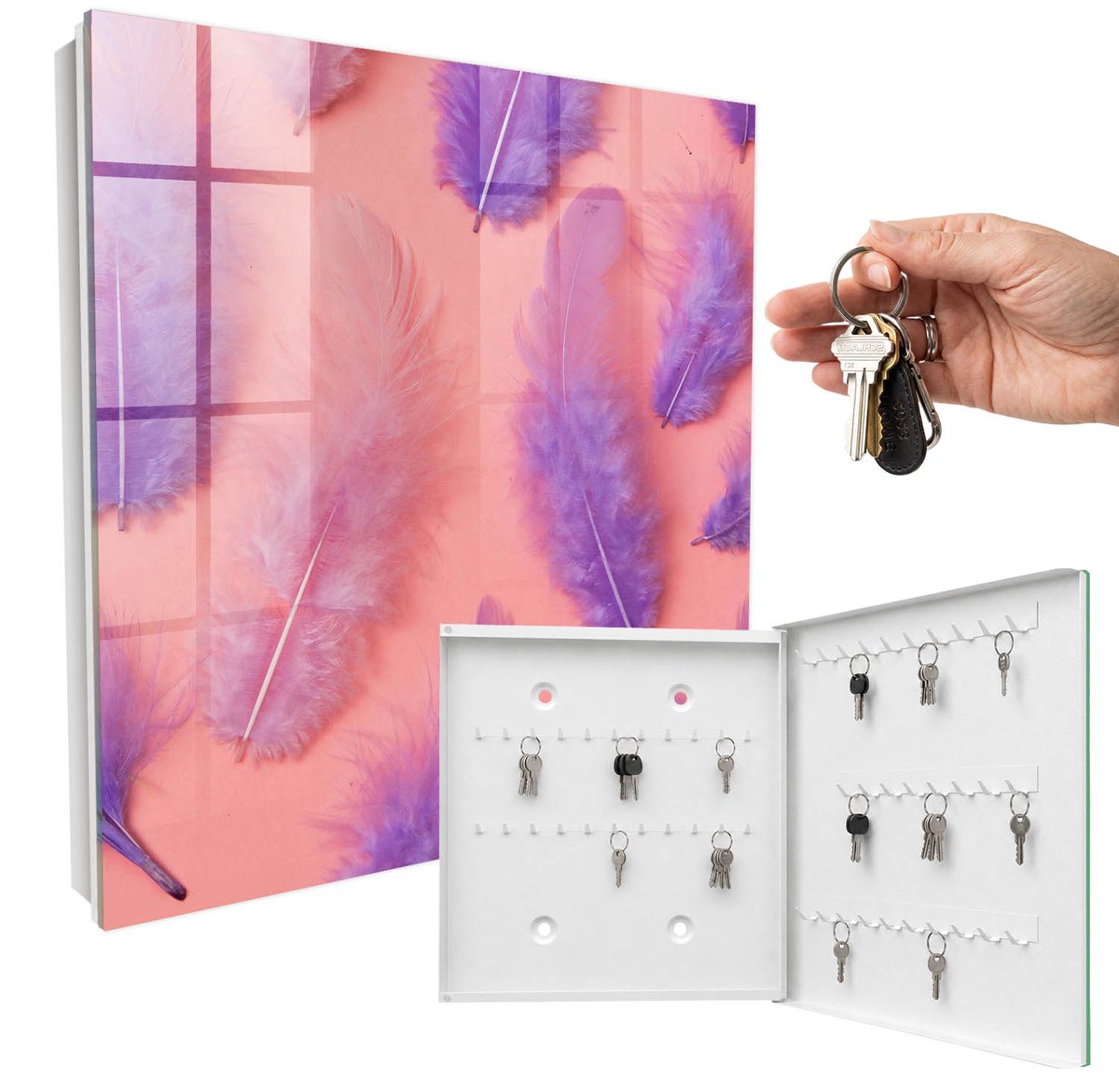 WallMuralia - Sleutelkast - 30x30x5 cm - met 50 haken - Paarse Veren Sleutelkastje Gang - Paars Sleutelbox - Rechtsopenend - Wit interieur