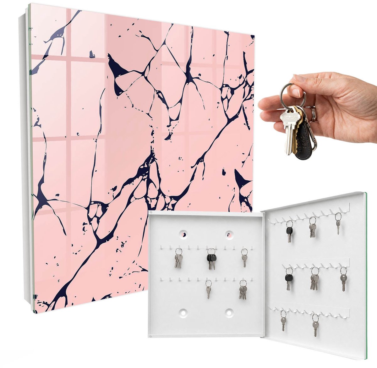 WallMuralia - Sleutelkast - 30x30x5 cm - met 50 haken - Marmeren Mozaïek Sleutelkastje Design - Roze Sleutelbox - Rechtsopenend - Wit interieur