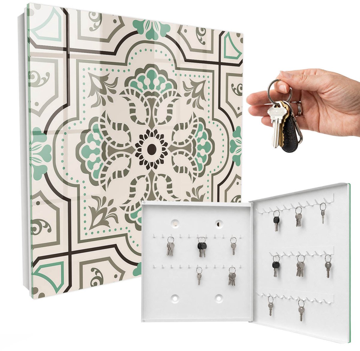 WallMuralia - Sleutelkast - 30x30x5 cm - met 50 haken - Geometrische Decoratie Sleutelkastje Klein - Beige Sleutelbox - Rechtsopenend - Wit interieur