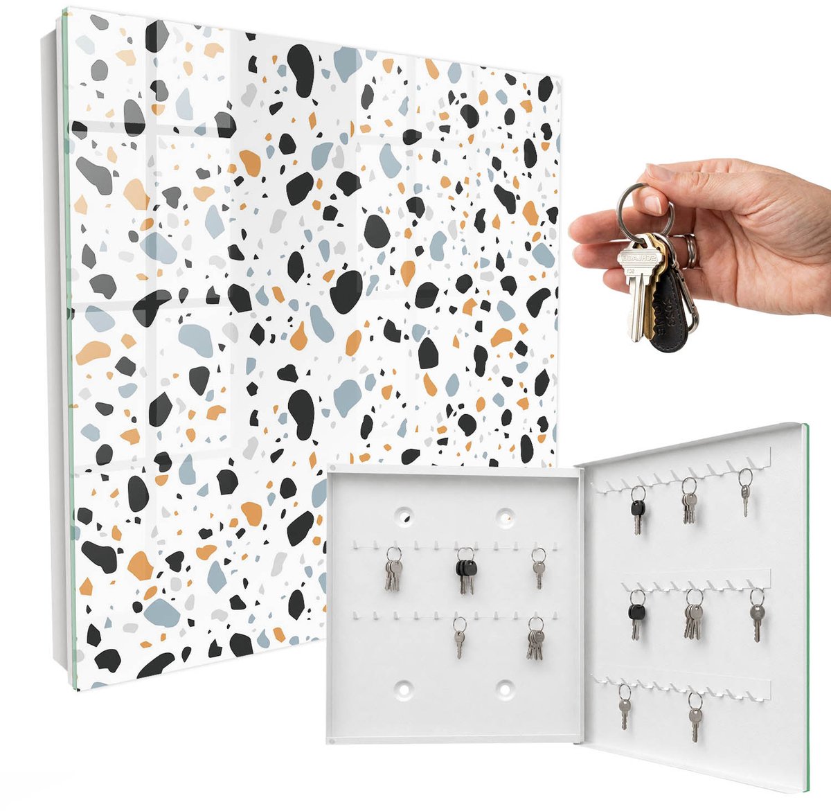 WallMuralia - Sleutelkast - 30x30x5 cm - met 50 haken - Terrazzo-Patroon Sleutelkastje Voor Binnen - Zwart Sleutelbox - Rechtsopenend - Wit interieur