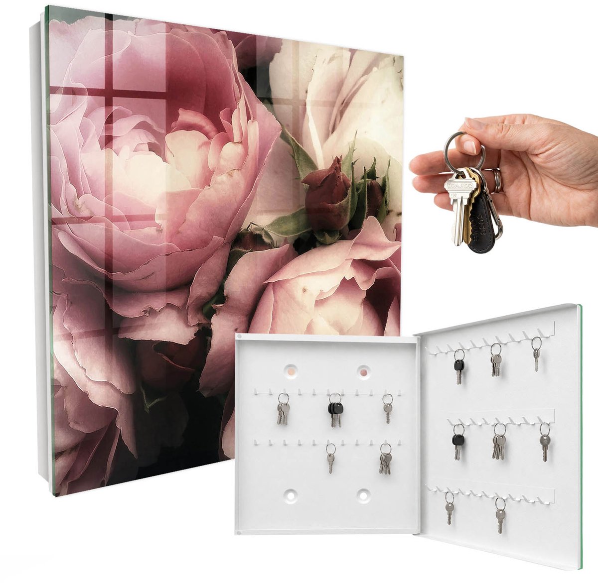 WallMuralia - Sleutelkast - 30x30x5 cm - met 50 haken - Rozen Schoonheid Sleutelkastje Binnen - Roze Sleutelbox - Rechtsopenend - Wit interieur