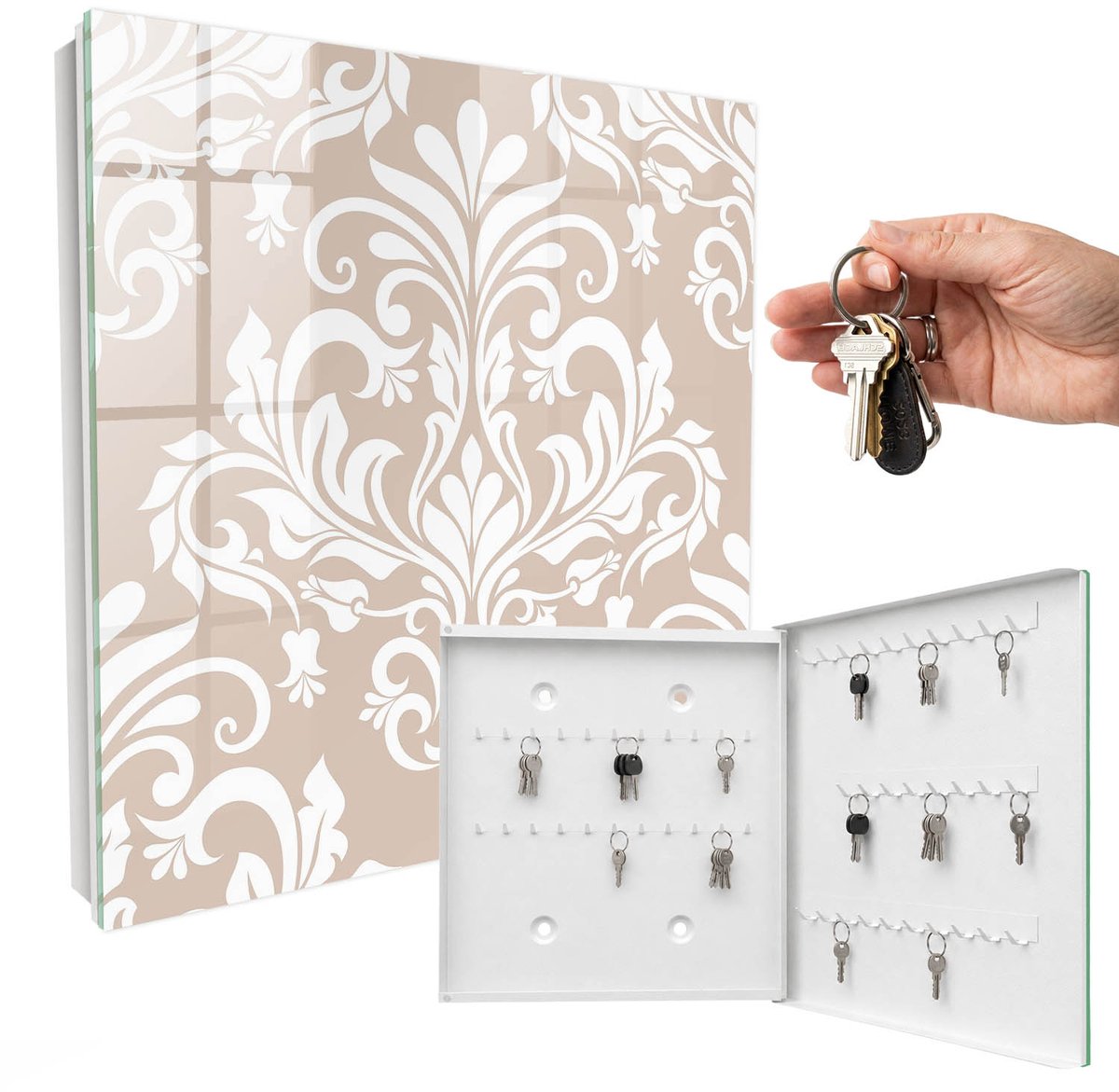 WallMuralia - Sleutelkast - 30x30x5 cm - met 50 haken - Elegante Symmetrie Sleutelkastje Landelijk - Beige Sleutelbox - Rechtsopenend - Wit interieur