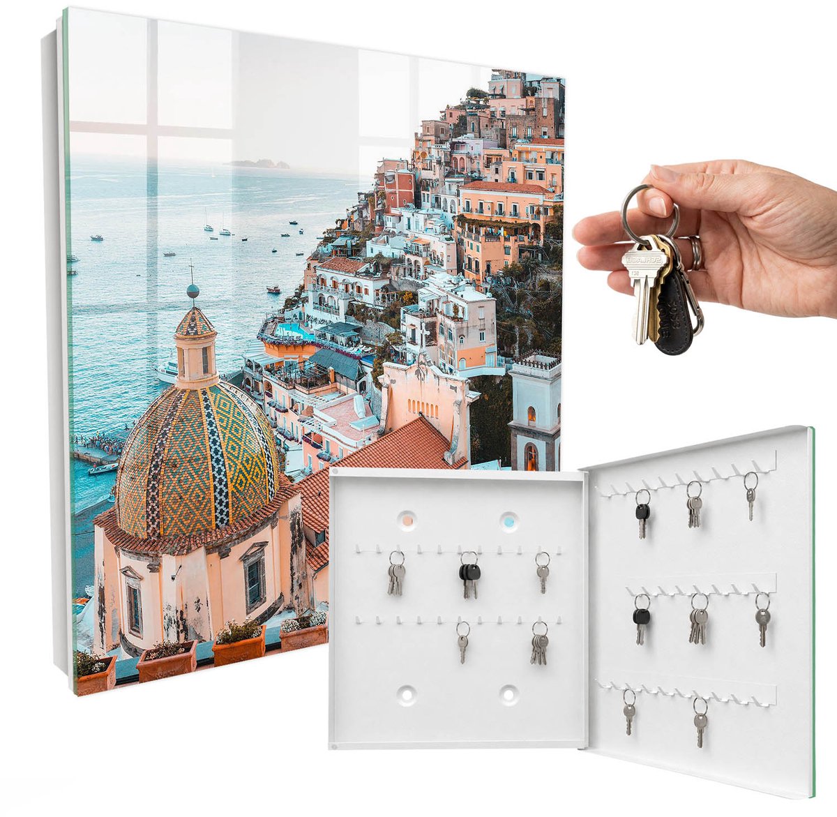 WallMuralia - Sleutelkast - 30x30x5 cm - met 50 haken - Mediterrane Charme Sleutelkastje Industrieel - Oranje Sleutelbox - Rechtsopenend - Wit interieur