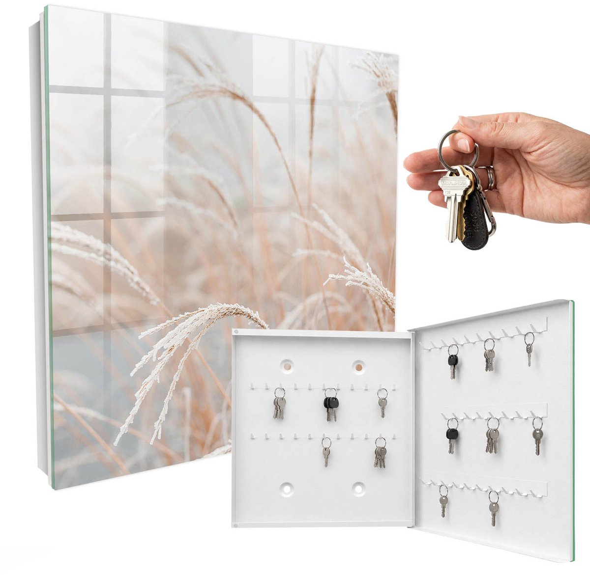 WallMuralia - Sleutelkast - 30x30x5 cm - met 50 haken - Herfstkolven Maïs Sleutelkastje Industrieel - Beige Sleutelbox - Rechtsopenend - Wit interieur