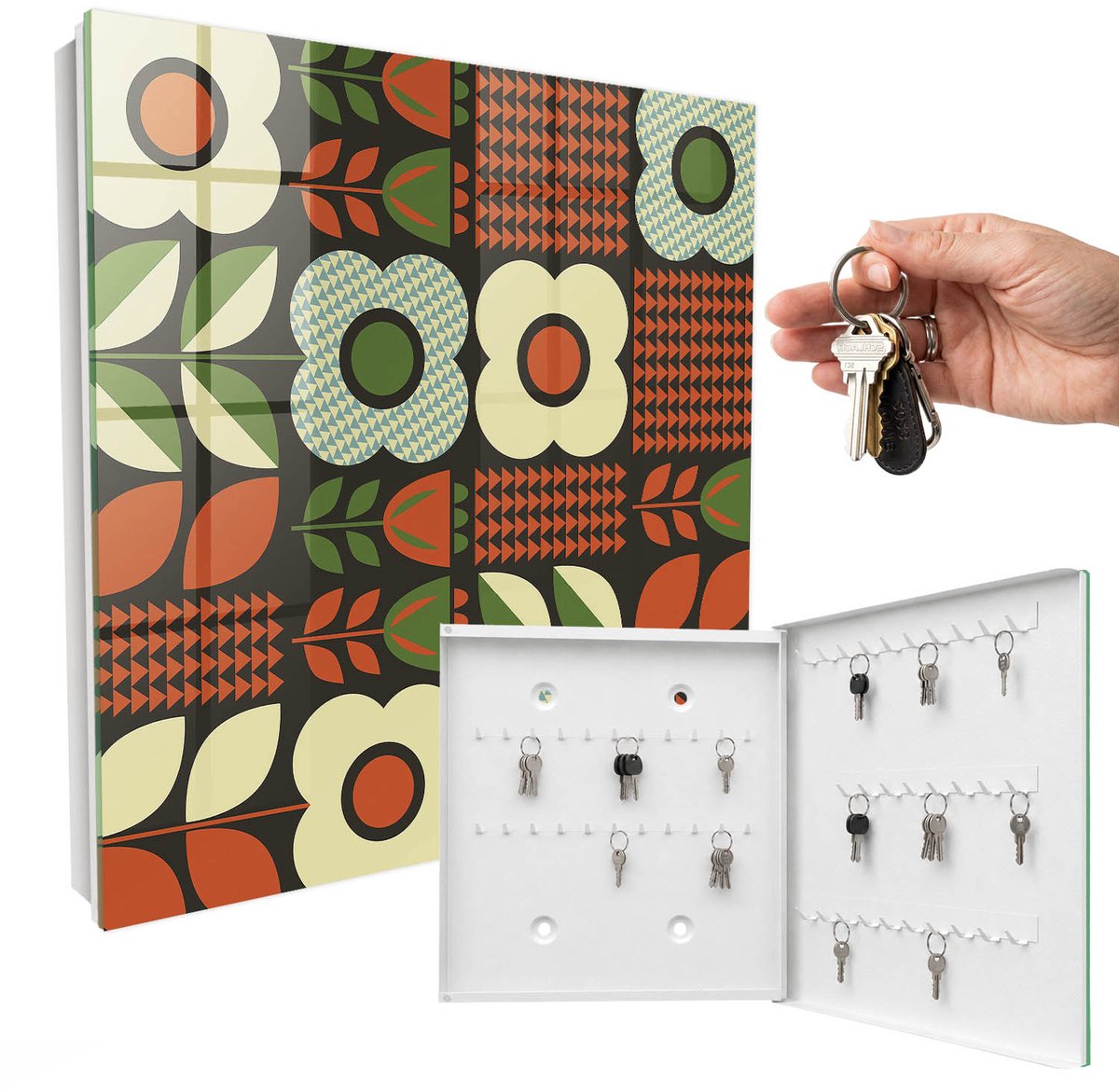 WallMuralia - Sleutelkast - 30x30x5 cm - met 50 haken - Vrolijke Bloemen Leuk Sleutelkastje - Rood Sleutelbox - Rechtsopenend - Wit interieur