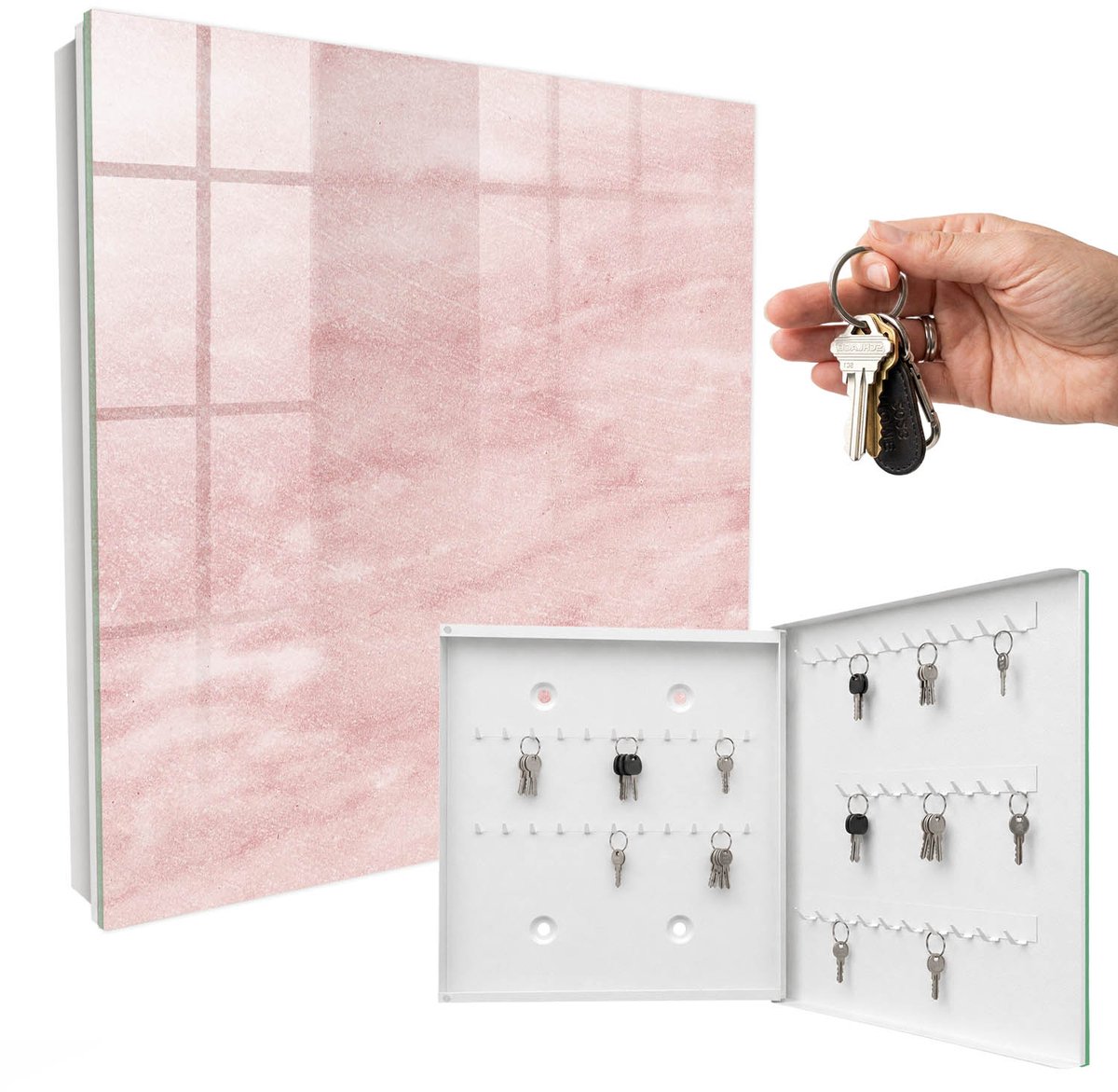 WallMuralia - Sleutelkast - 30x30x5 cm - met 50 haken - Roze Weefsels Sleutelkastje Hal - Roze Sleutelbox - Rechtsopenend - Wit interieur
