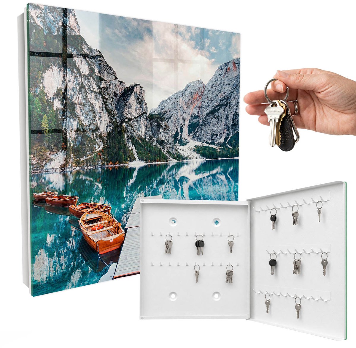 WallMuralia - Sleutelkast - 30x30x5 cm - met 50 haken - Berglandschap Sleutelkastje Design - Blauw Sleutelbox - Rechtsopenend - Wit interieur