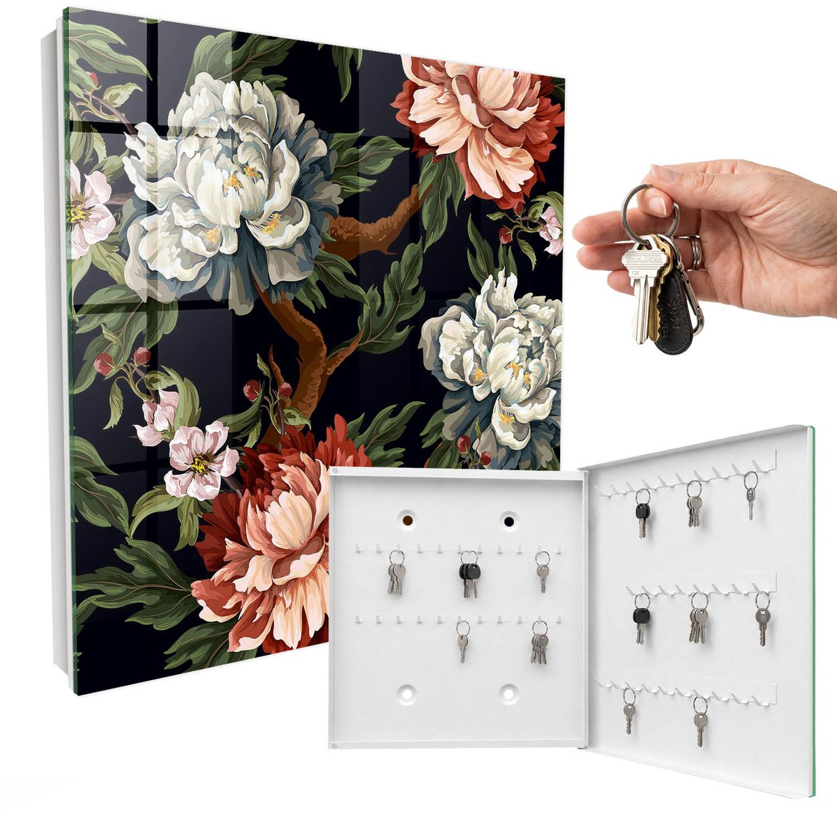 WallMuralia - Sleutelkast - 30x30x5 cm - met 50 haken - Bloemen Van De Natuur Design Sleutelkastje - Groente Sleutelbox - Rechtsopenend - Wit interieur