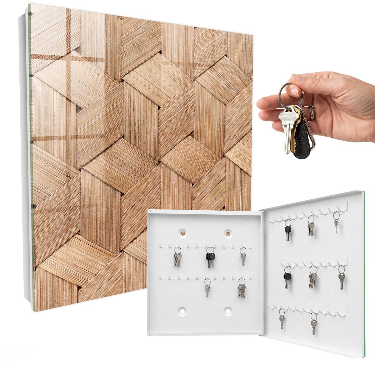 WallMuralia - Sleutelkast - 30x30x5 cm - met 50 haken - De Geometrie Van De Natuur Sleutelkastje Muur - Bruin Sleutelbox - Rechtsopenend - Wit interieur