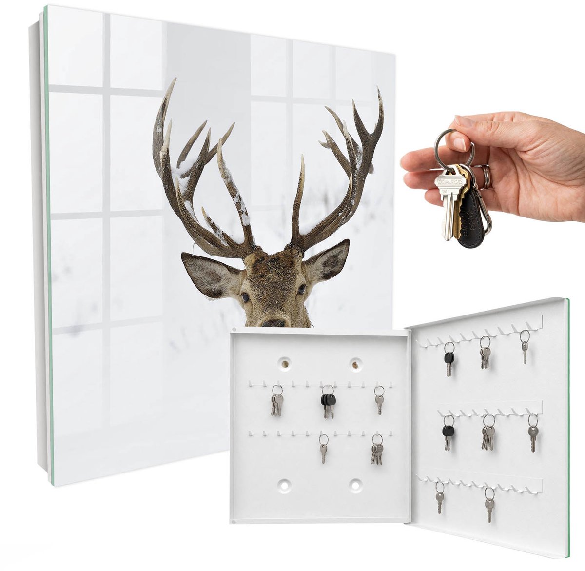 WallMuralia - Sleutelkast - 30x30x5 cm - met 50 haken - Winterhert Sleutelkastje Design - Wit Sleutelbox - Rechtsopenend - Wit interieur