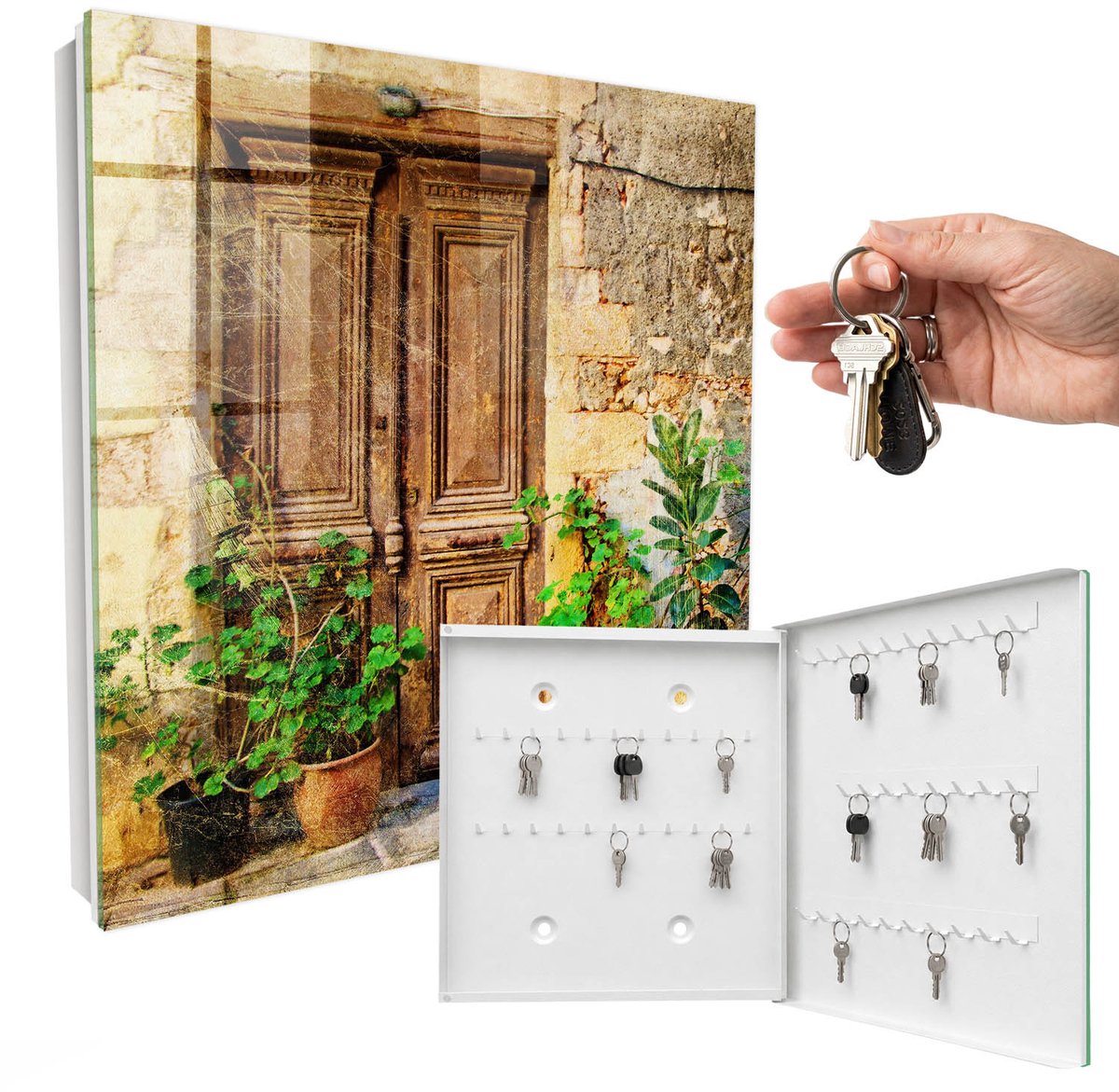 WallMuralia - Sleutelkast - 30x30x5 cm - met 50 haken - Rustieke Deuren Sleutelkastje Industrieel - Bruin Sleutelbox - Rechtsopenend - Wit interieur