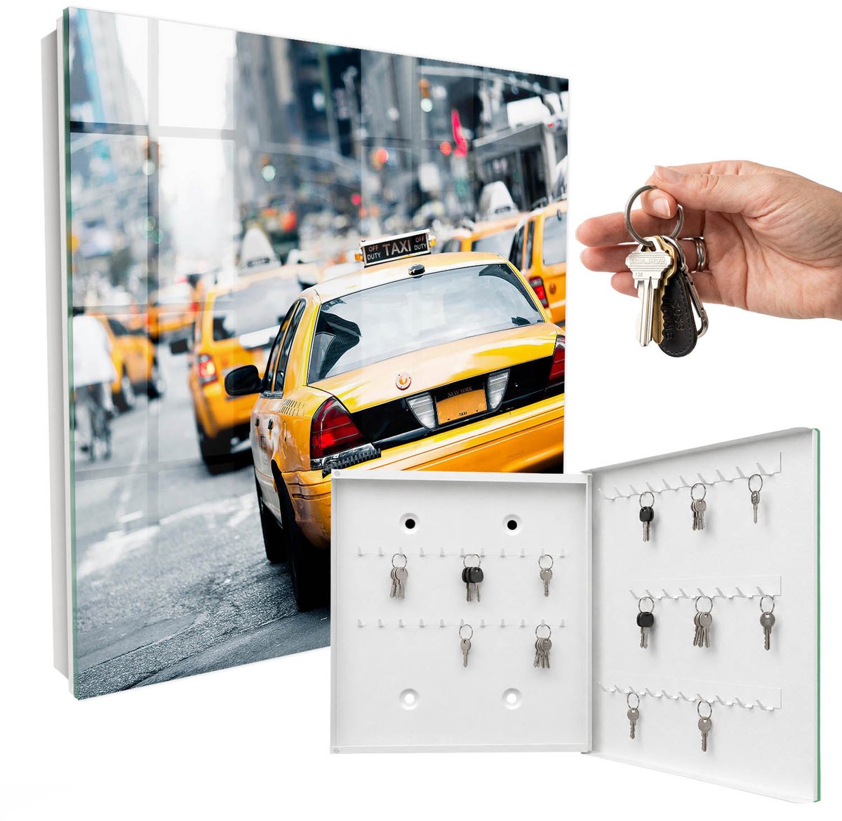 WallMuralia - Sleutelkast - 30x30x5 cm - met 50 haken - Stad Van Het Leven Sleutelkastje Muur - Geel Sleutelbox - Rechtsopenend - Wit interieur