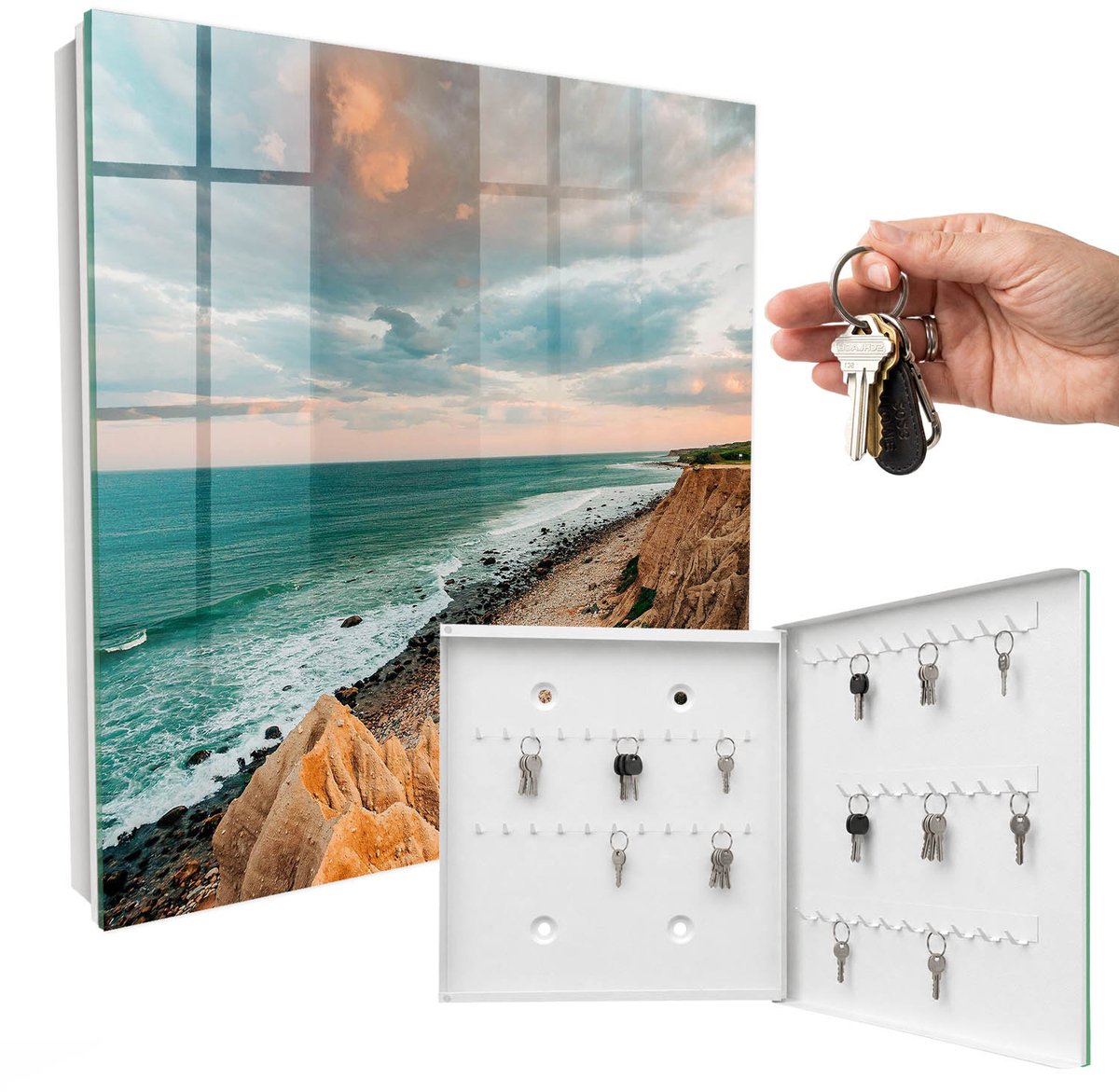 WallMuralia - Sleutelkast - 30x30x5 cm - met 50 haken - Oceaanklif Leuk Sleutelkastje - Blauw Sleutelbox - Rechtsopenend - Wit interieur