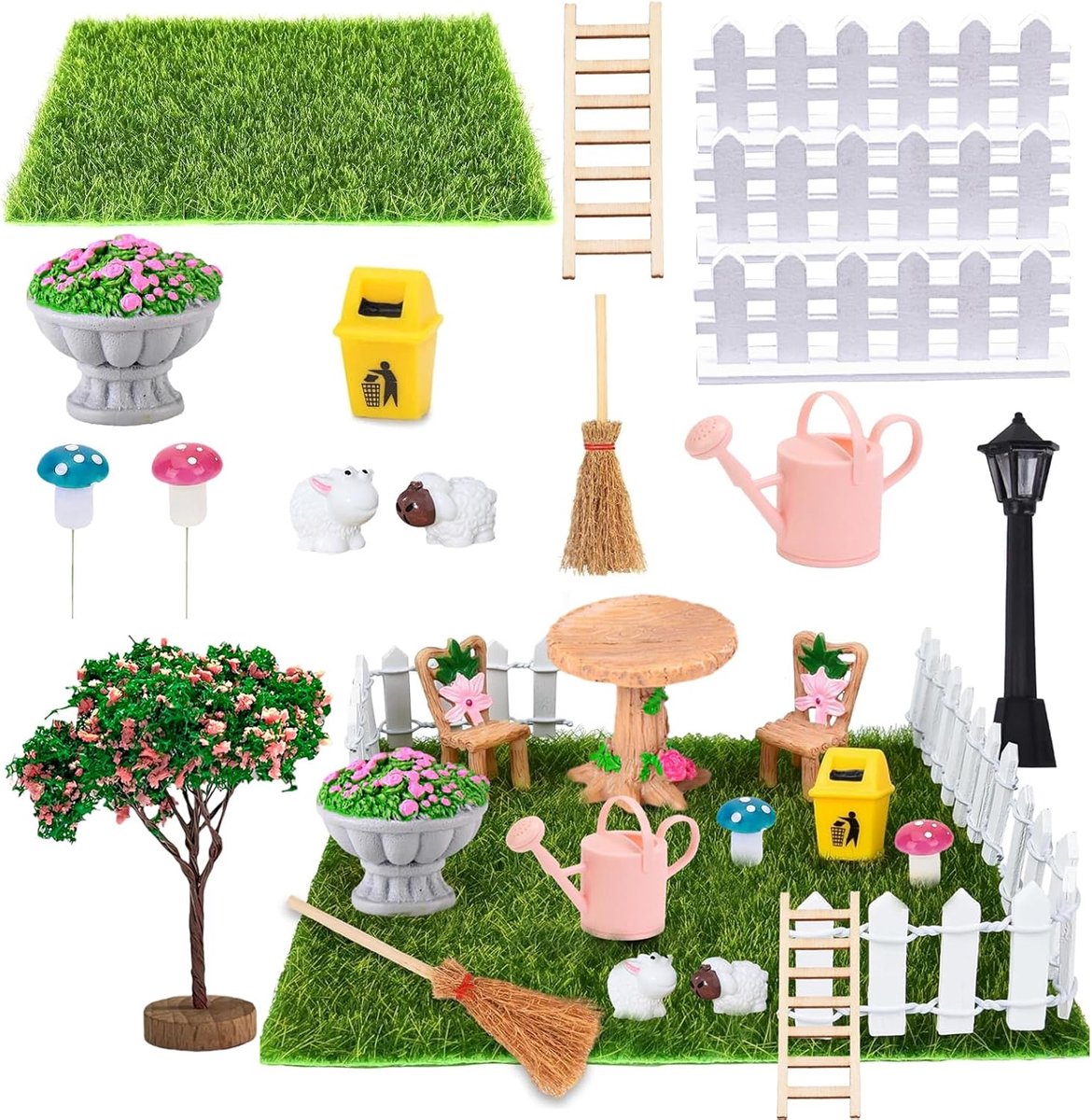 18 stuks miniatuur tuinaccessoires, miniatuur tuindecoratie, miniatuur poppenhuis set tuin, mini tuinmeubelen decoratie met kunstgras, hek, boom, voor doe-het-zelf, feeëntuin decoratie