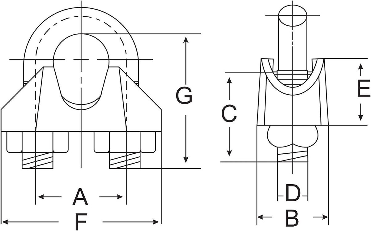 2x Staaldraadklem DIN 741 | Maat 16 mm | U-beugels verzinkt staal | Kabelklem boogvorm voor staalkabel, bedrading, staaldraad | Draadkabelklem, U-vormige klem, Beugelklem, wire rope clip